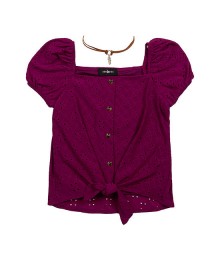 By & By Wine Square Neck Short Sleeve Blouse With Necklace
